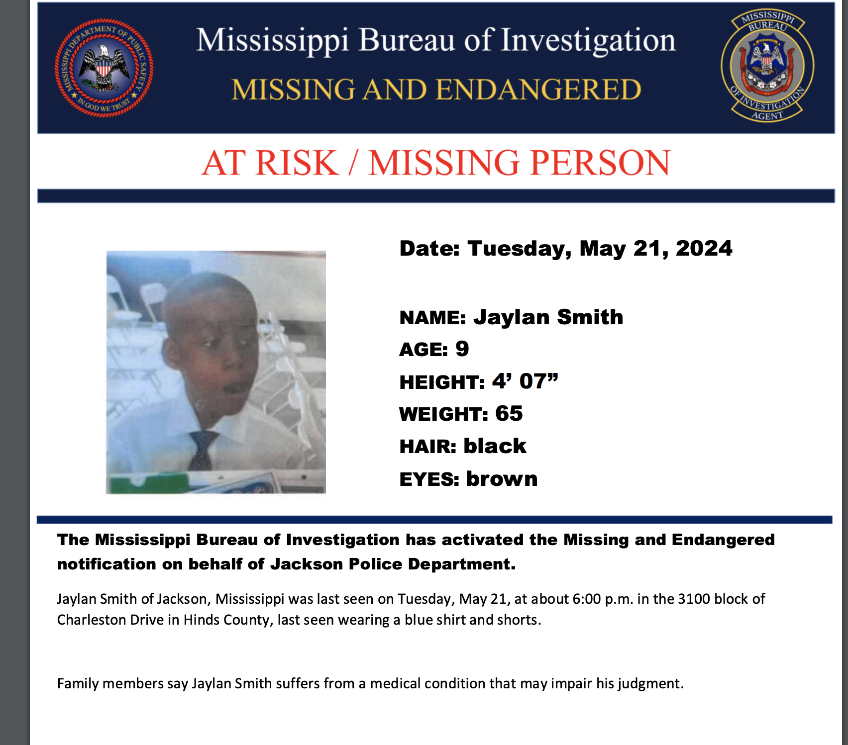 MBI Reports Missing 9 Year Old——-FOUND